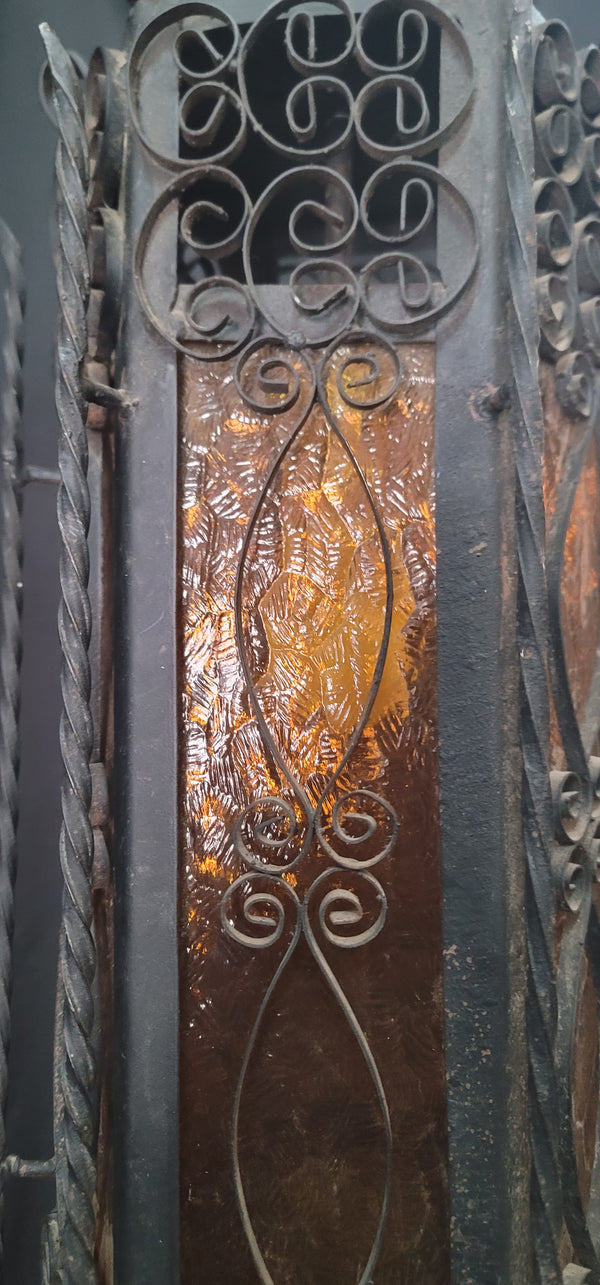 Victorian Gothic Wrought Iron Pendant Light w/ Textured Amber Glass 31"T GS00925