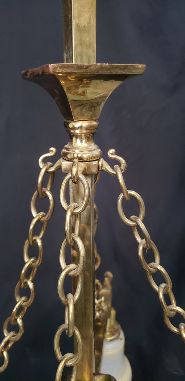 1900's 4 Light Brass Chandelier w/ Brass Chain Accents & Shades 24"x 44" GS00976