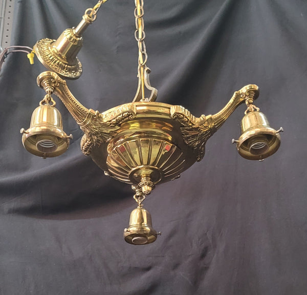 Restored 3 Light Victorian Brass Pan Chandelier w/ Shades 16" x 41" GS00986