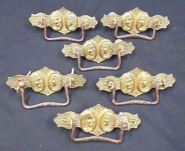 Architectural Salvage Brass Double Indian Head Design Drawer Pulls Set of 6
