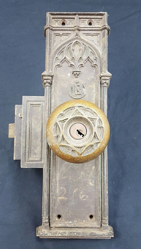 Early 1900s Ornate Bronze CNB Charlotte NC Bank Door Knob & Backplate GS00812