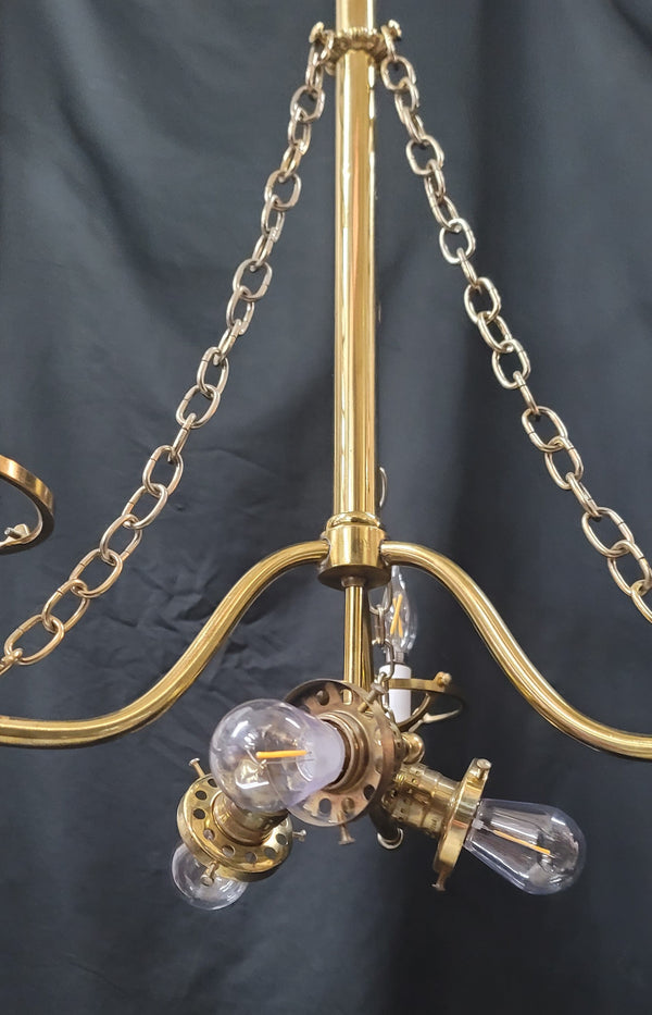 Restored Gas Converted 6 Light Brass Chandelier w/ Shades 31" T x 21" GS00948