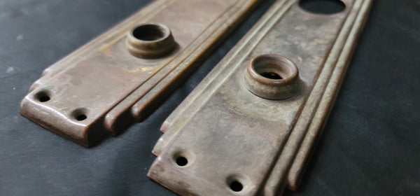 Pair of Brass Art Deco Backplates w/Deadbolt Hole 9 1/2" x 2 3/8" GS00876