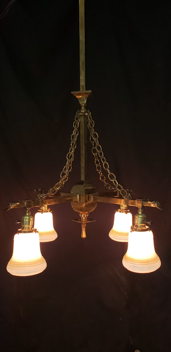1900's 4 Light Brass Chandelier w/ Brass Chain Accents & Shades 24"x 44" GS00976