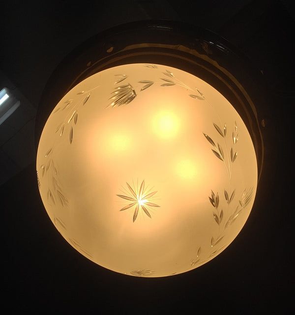 Restored Victorian Brass Pan Chandelier w/ Etched Glass Shade 16" x 45" GS00981