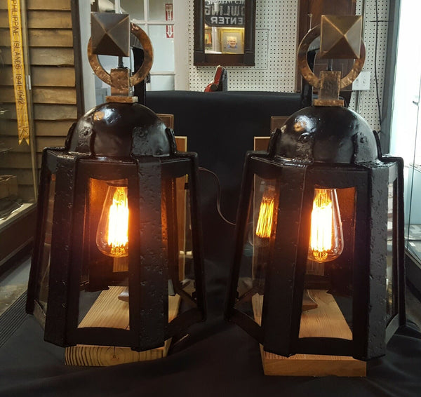 Restored Cast Iron Lantern Sconces w/ Wavy Glass 17 1/2" x 10 1/2" GA704