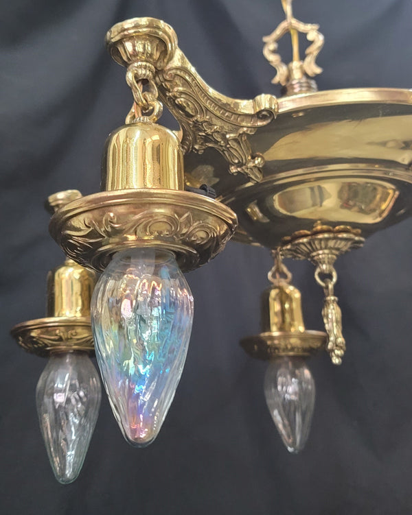 Restored 5 Light Brass Pan Chandelier w/ On/off Knobs 18" x 12" GS00969