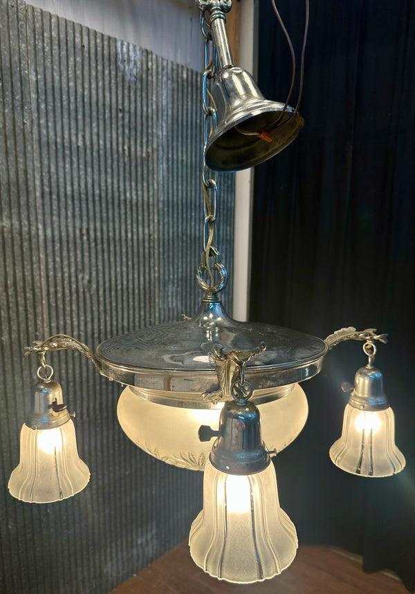 Restored Art Deco Chrome Plate 5-Light Pan Chandelier GA21012