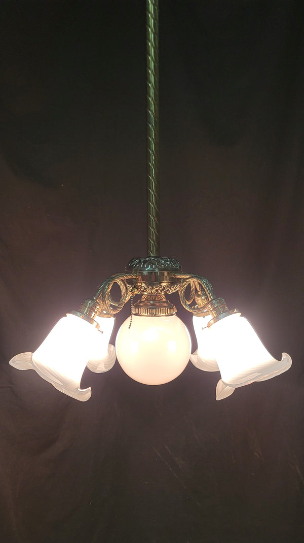 5 Light Ornate Brass Chandelier w/ White Striped Shades 25" x 36" GS00983