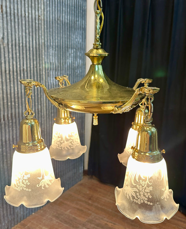 Restored Antique Brass Pan 4-Arm Chandelier GA21010