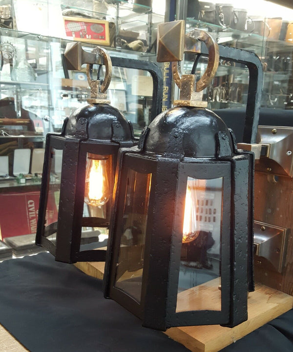 Restored Cast Iron Lantern Sconces w/ Wavy Glass 17 1/2" x 10 1/2" GA704