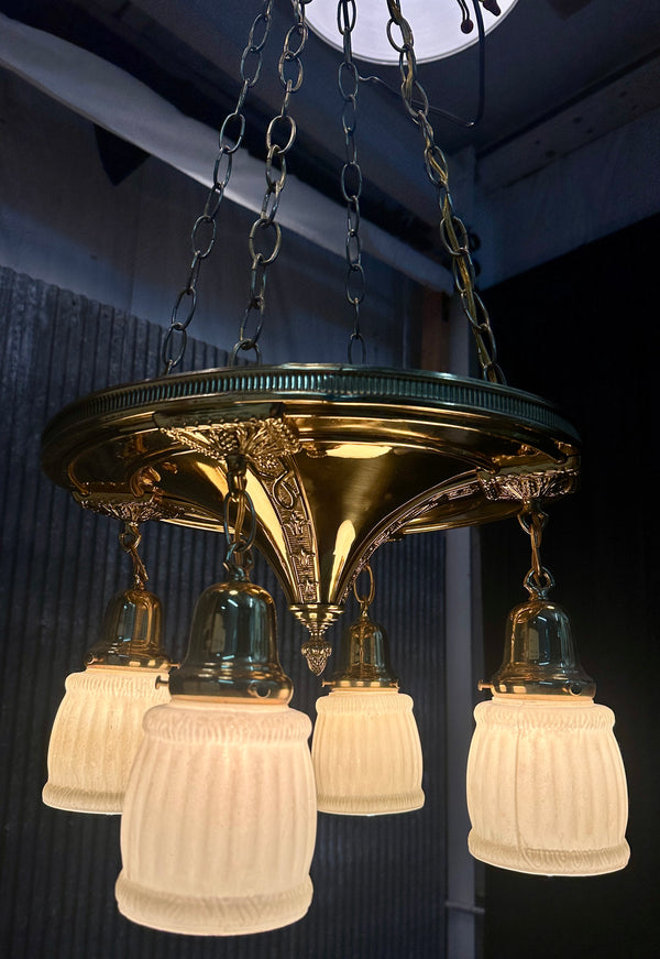 Restored Antique Brass Pan 4-Arm Triple Chain Chandelier GA21008
