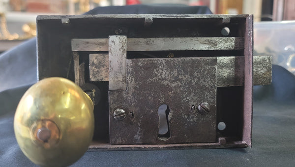 Restored Left Carpenter Rim Lock Set w/ Key & Knobs 6 1/4" x 3 3/4" GS00975