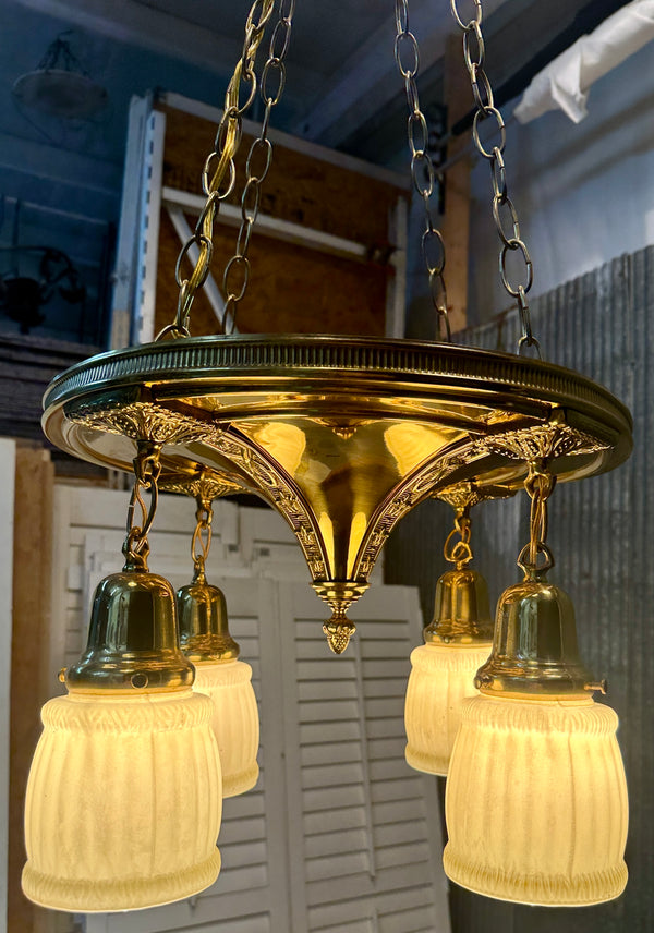 Restored Antique Brass Pan 4-Arm Triple Chain Chandelier GA21008