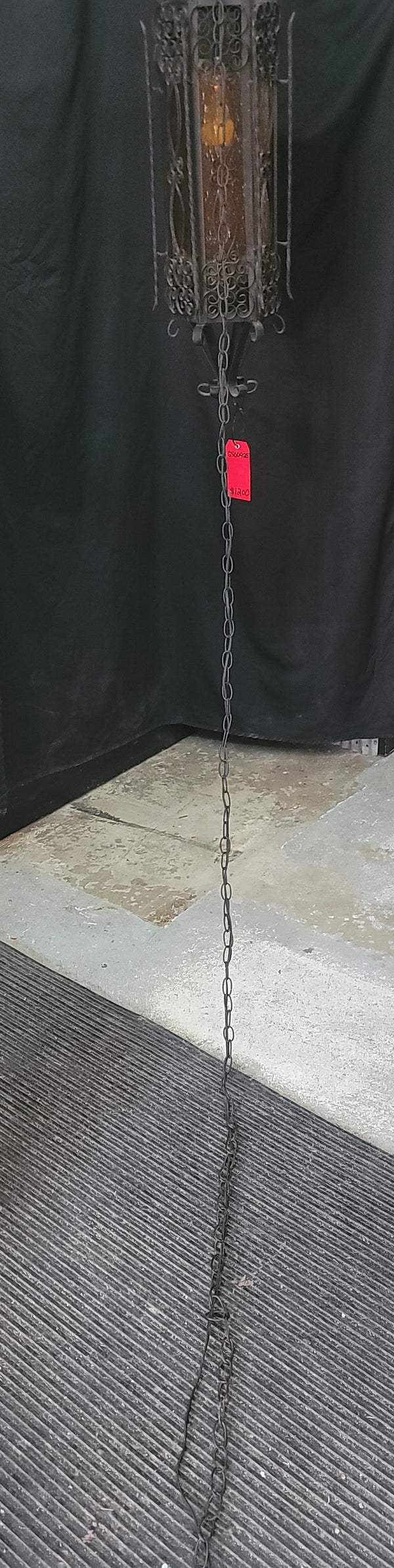 Victorian Gothic Wrought Iron Pendant Light w/ Textured Amber Glass 31"T GS00925