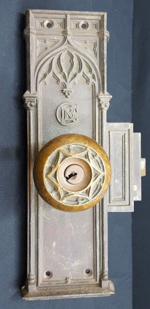 Early 1900s Ornate Bronze CNB Charlotte NC Bank Door Knob & Backplate GS00813