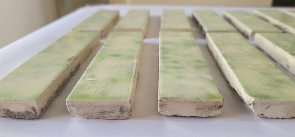 Vintage Lot of 19 Green & Ivory Ceramic Fireplace Tiles 6" x 1 1/2" GS00677