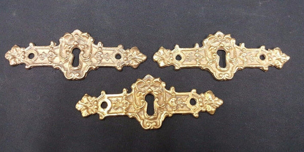 Architectural Salvage Ornate Brass Key Hole Design Drawer Pull Plates Set of 3