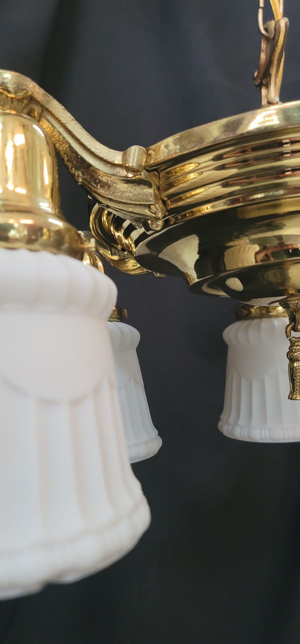 Restored 5 Light Brass Victorian Pan Chandelier w/ Textured White Shades GS01021