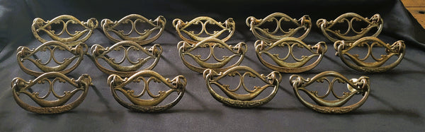 14 Ornate Solid Brass Furniture Drawer Pulls w/ Screws 4" x 1 3/4" GS00984
