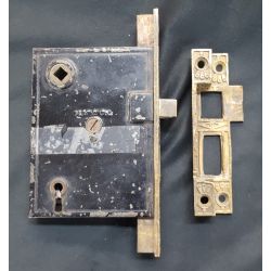 Ornate Eastlake Victorian Rabbeted Mortise Lock w/ Keeper 4 7/8" x3 1/2" GA2002