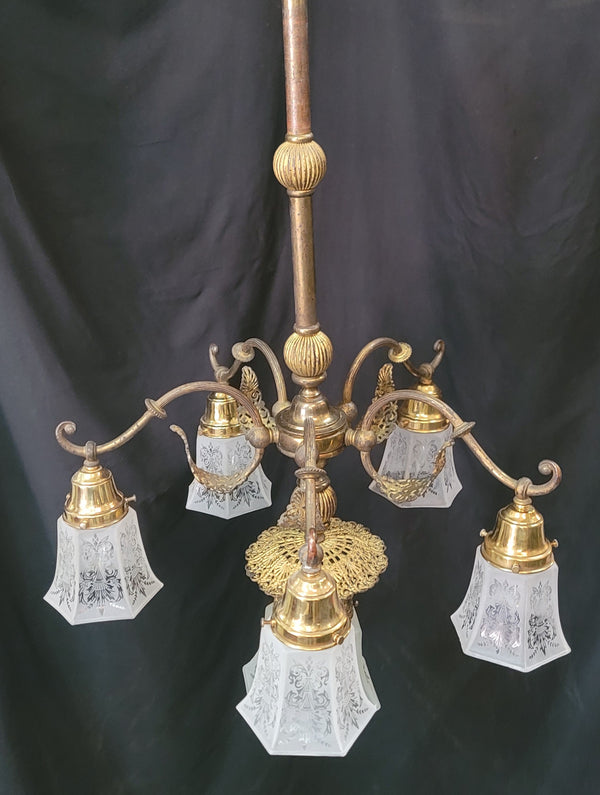 Ornate 6 Light Victorian Chandelier w/ Fluted Etched Shades 24" x 36" GS00997