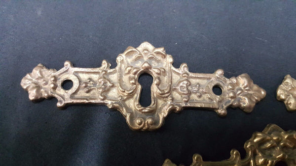 Architectural Salvage Ornate Brass Key Hole Design Drawer Pull Plates Set of 3