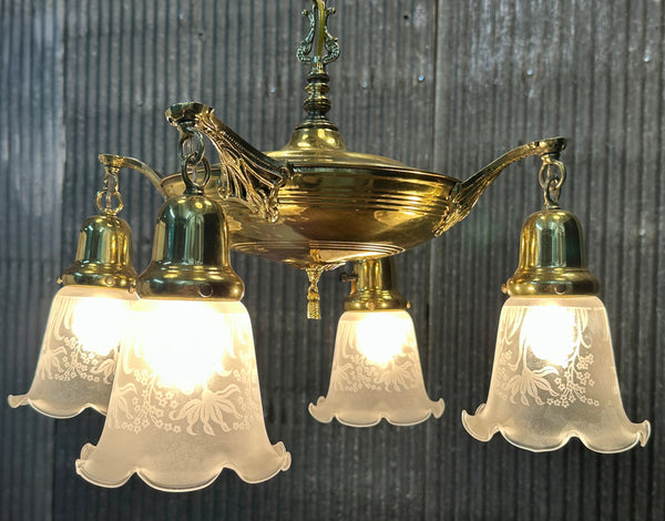 Restored Antique Brass Pan 4-Arm Chandelier GA21007
