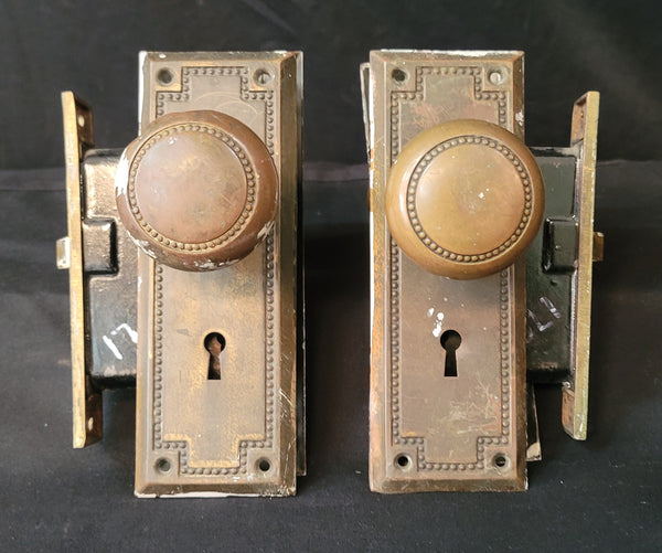 Pair of Art Deco Mortice Lock Sets w/ Beaded Trim 3 1/2" x 3 1/4" GS00497