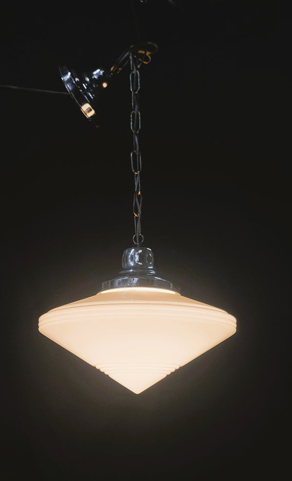 Restored Art Deco Pendant Light w/ Bullseye Point Shade & Chrome Trim GS01031