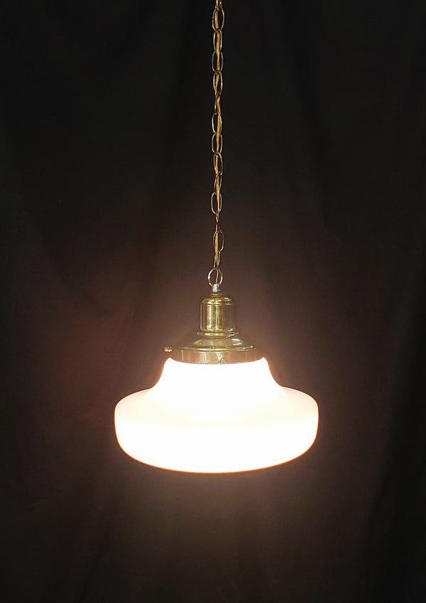 Restored Brass Pendant Light w/ Round White Shade GS01025