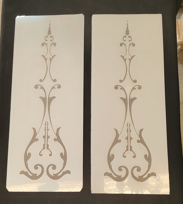 Pair of Victorian White Cased Etched Glass Panels 9 5/8" x 24" GS00785