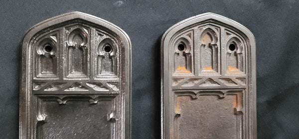 Pair of Restored Cast Iron Art Deco Backplates 8 1/2" x 2 3/4" GS00877
