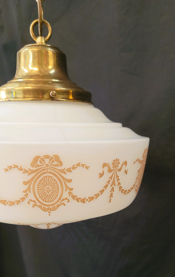 Vintage White Schoolhouse Pendant Light w/Brass Bell Shaped Fitter GS00645