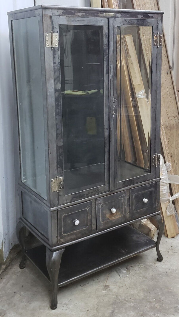 Antique Steel Medical Cabinet Beveled Glass 3 Drawers & Cabriole Legs GA9499