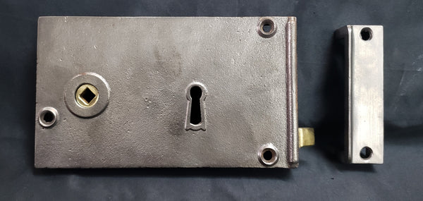 Restored Right Side Cast Iron Rim Lock with Keeper 6 9/16" x 4" GS00868