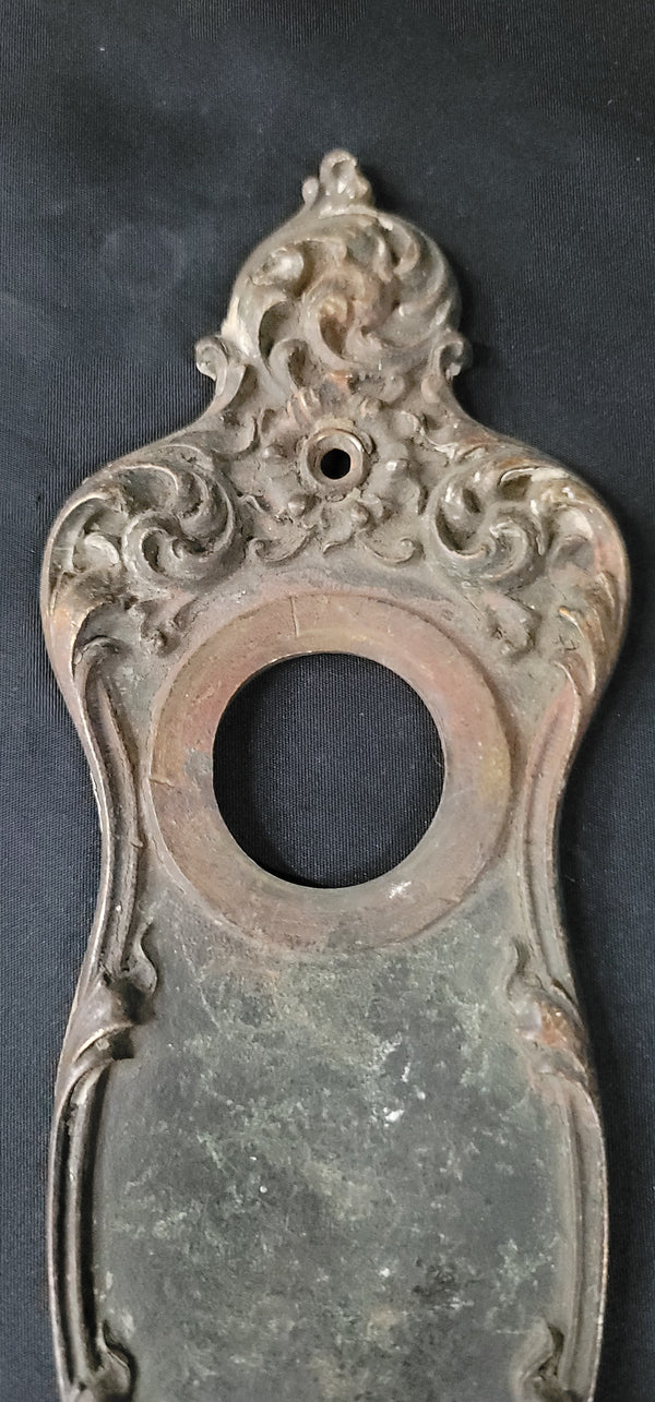 Art Nouveau Brass Door Knob Backplate w/ Dead Bolt Hole 11" x 3" GS00874