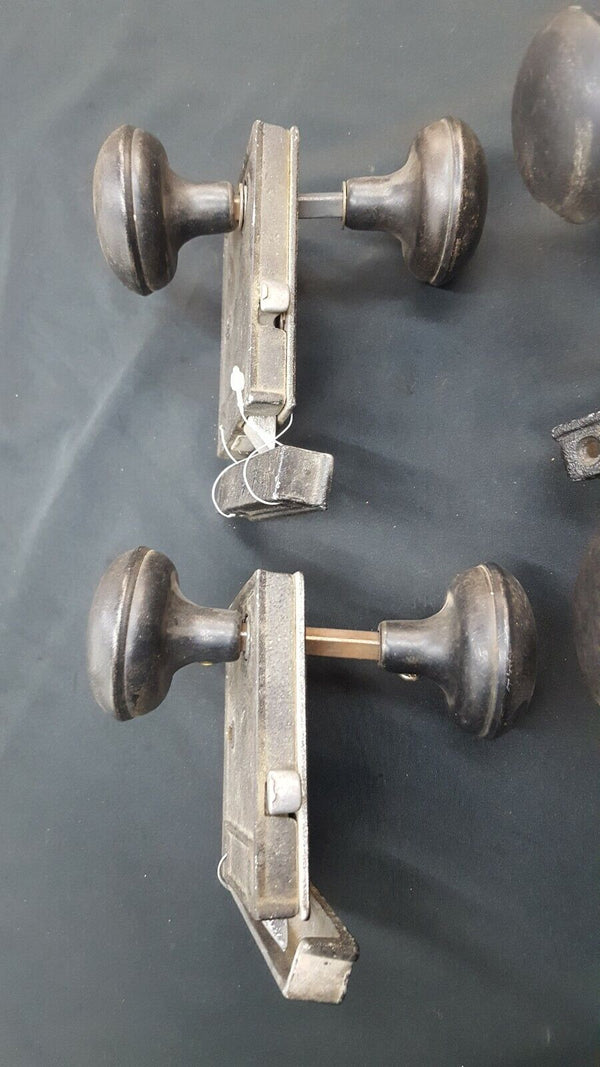 Set of 4 Reproduction Rim Locks with Privacy Locks Keepers & Black Doorknobs