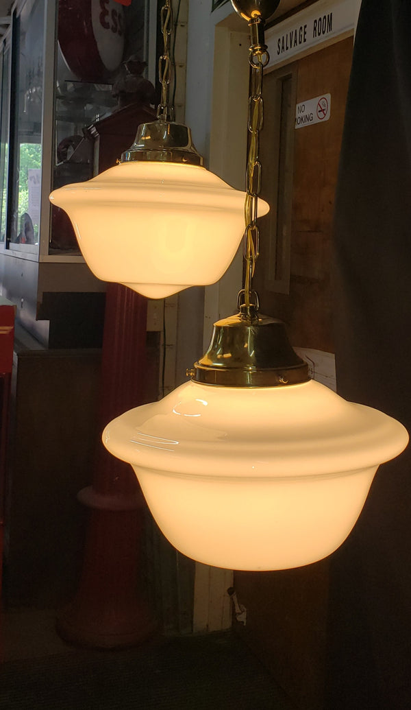 Pair of Restored Brass Pendant Lights w/ White Shades GS01080