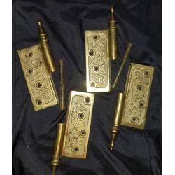 Restored Victorian Eastlake Solid Brass 4 1/2" x 4" Ornate Hinges GA276
