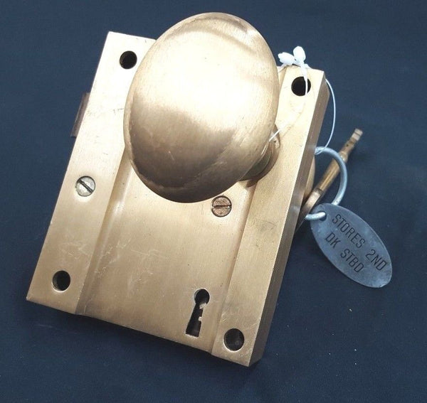 Brass Ship Rim Lock with Oval Knob Key and "Stores 2nd DK STBD" Fob