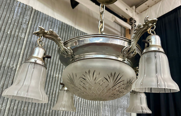 Restored Art Deco Chrome Plate 5-Light Pan Chandelier GA21012