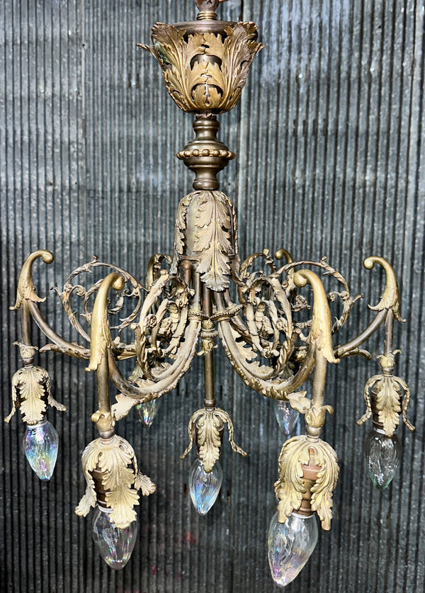 Antique Art Nouveau Brass 6-Light Chandelier - 23" T x 21" W - GA21032