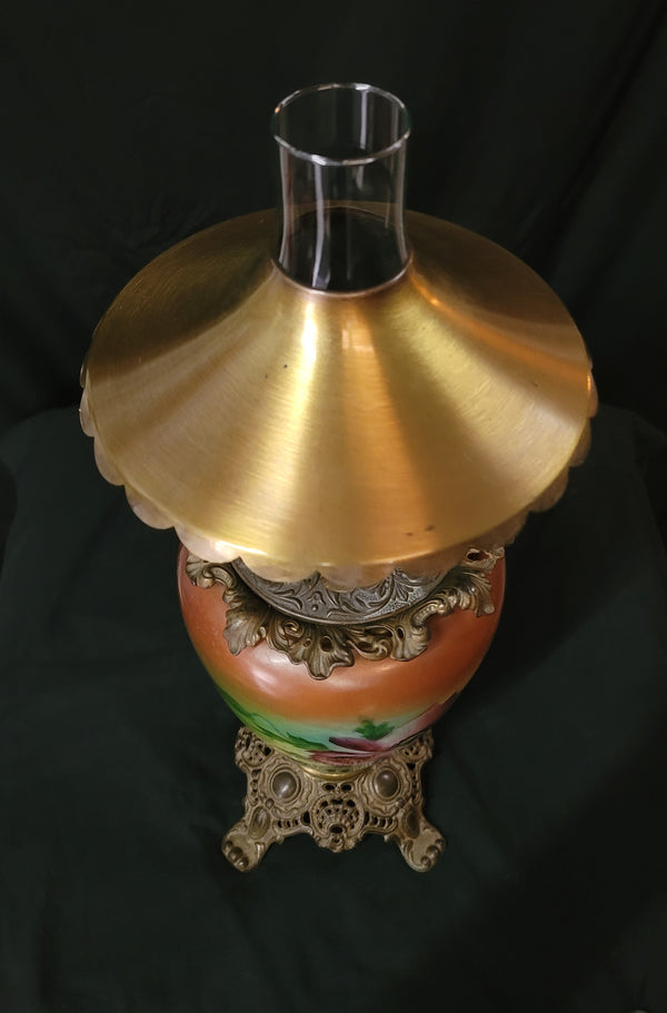 Vintage Ornate Floral Oil Lamp w/ Brass Canopy & Chimney GS00620