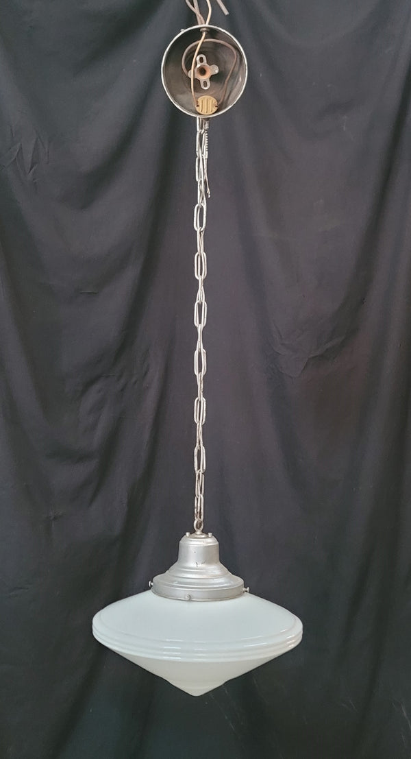 Vintage Art Deco Pendant Light w/ White Bullseye Pointed Shade GS01028