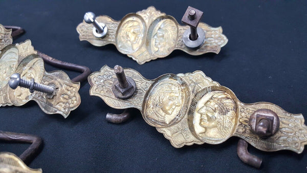 Architectural Salvage Brass Double Indian Head Design Drawer Pulls Set of 6