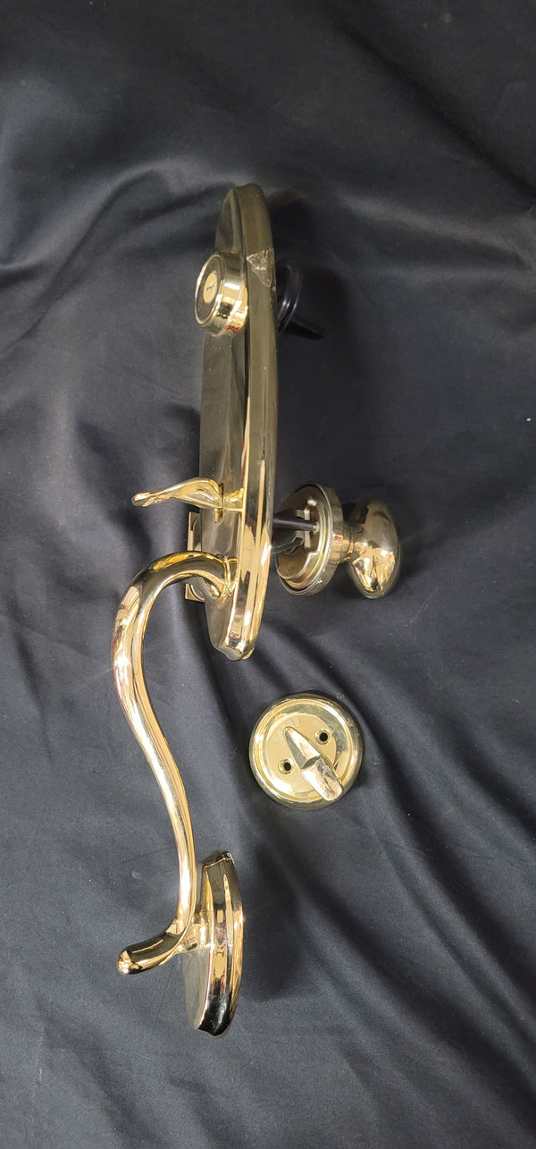 Brass Curved Handle Thumb Latch Hardware Set w/Deadbolt Knob & More GS00885