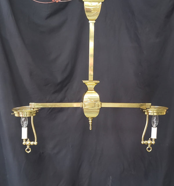 Restored Gas Converted 2 Light Brass Chandelier w/ Shades 26" x 28 1/2" GS00967