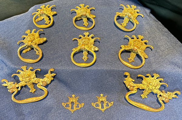 Set of 10 Antique Brass Drawer Pulls + 2 Keyholes GA20405
