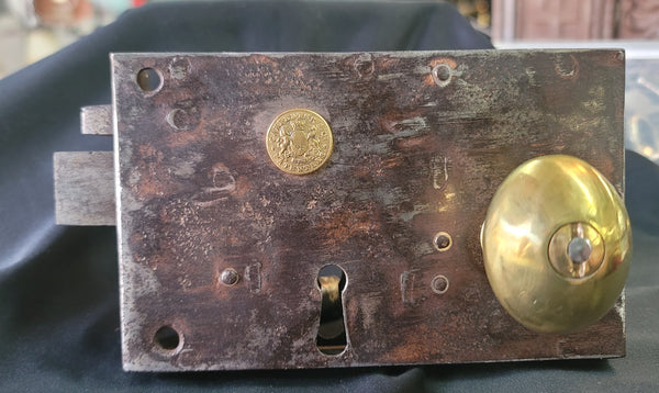 Restored Left Carpenter Rim Lock Set w/ Key & Knobs 6 1/4" x 3 3/4" GS00975